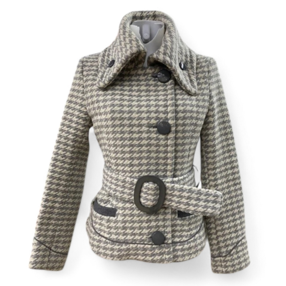 SOIA & KYO Funnel Neck Wool Houndstooth Belted Asymmetrical Coat Jacket Gray XS